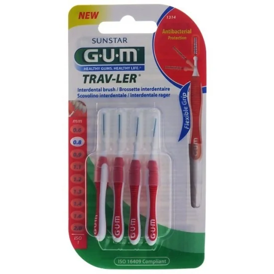 GUM BROSSETTES 1314 TRAV-LER 4 BROSSETTES DE VOYAGE 0.8MM pour Beauté