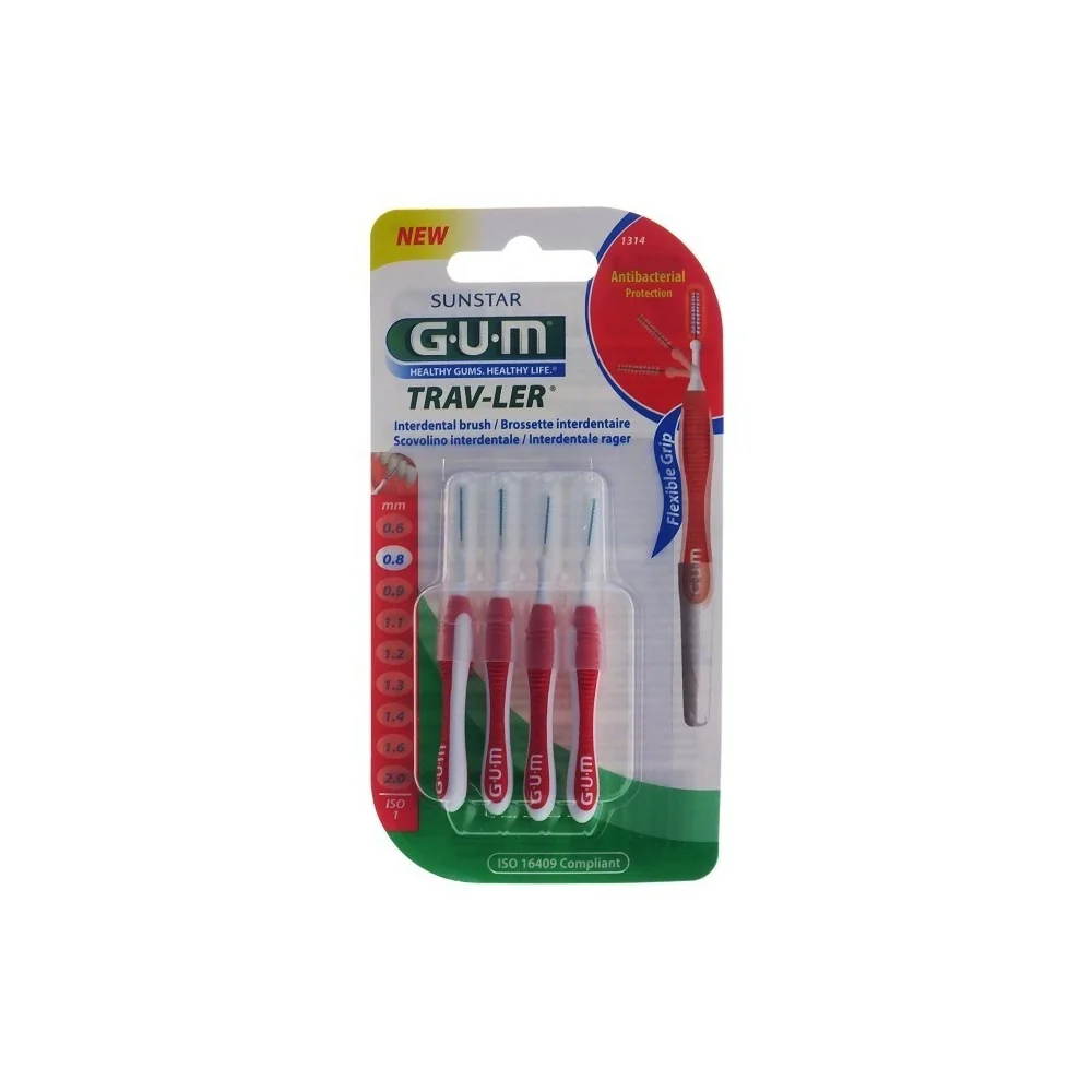 GUM BROSSETTES 1314 TRAV-LER 4 BROSSETTES DE VOYAGE 0.8MM pour Beauté