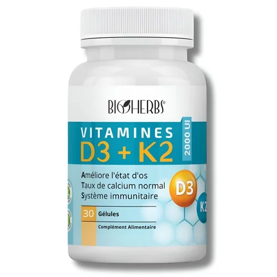 BIOHERBS - VITAMINES D3+K2 30 GELULES pour Compléments Alimentaires