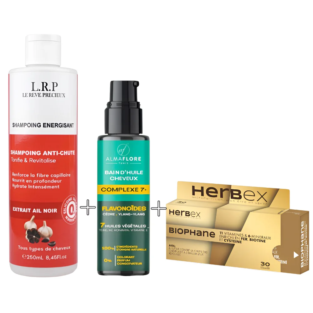 PACK ANTI CHUTE - LRP SHAMPOING AIL NOIR + ALMAFLORE BAIN D'HUILE + HERBEX BIOPHANE