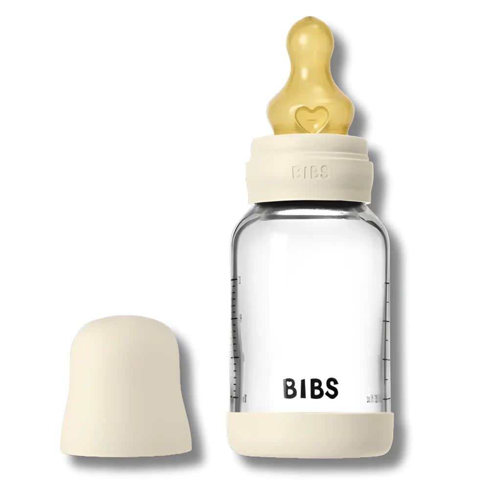 BIBS -  BIBERON ROND 120 ML EN VERRE + TÉTINE EN LATEX DÉBIT LENT - IVORY
