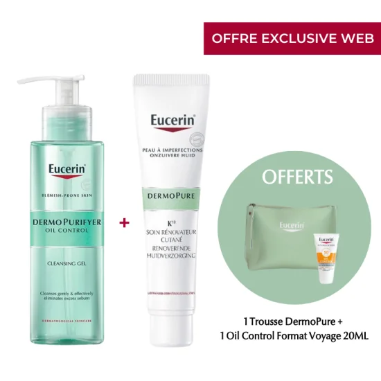 EUCERIN - PACK DERMOPURE : GEL NETTOYANT + K10 SOIN RENOVATEUR CUTANE + TROUSSE ET OIL CONTROL 20ML OFFERTS