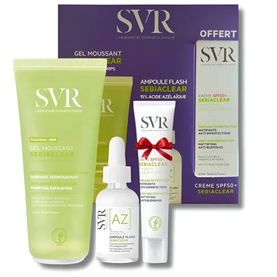 SVR COFFRET - SEBIACLEAR GEL MOUSSANT 200ML+AMPOULE AZ FLASH ANTI IMPERFECTIONS 30ML+CREME SOLAIRE MATIFIANTE SPF50 40ML OFFERTE