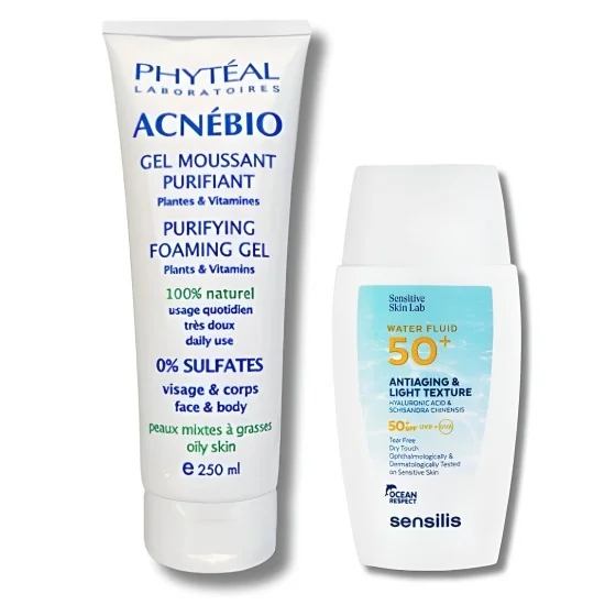 PACK - PHYTEAL ACNEBIO GEL MOUSSANT PEAUX MIXTES A GRASSES + SENSILIS XATER FLUID ECRAN INVISIBLE SPF50+